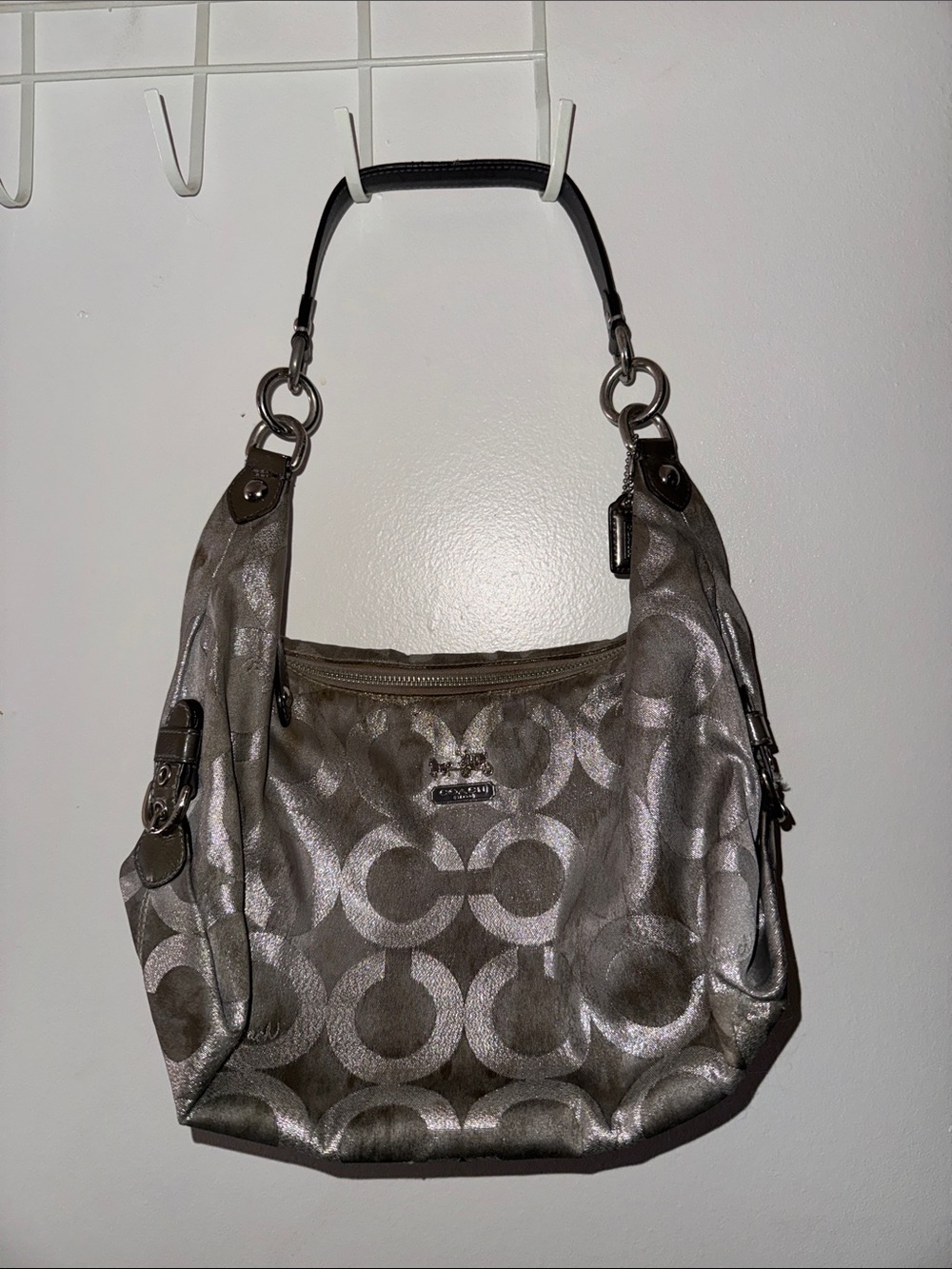 Coach Metallic Signature Hobo Shoulder Bag in Silver Gray